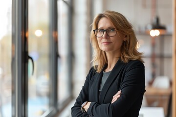 Happy business women wearing suit standing in office