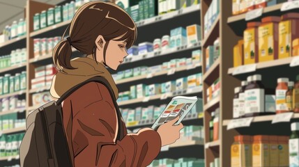 A photo of a student perusing the vitamin and supplement section of the bookstore carefully reading labels and comparing products.