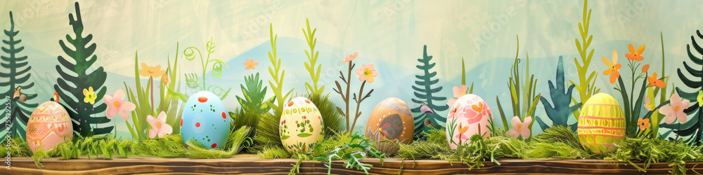 Aufkleber a wooden product display top with an easter background of painted eggs and green grass and meadows.