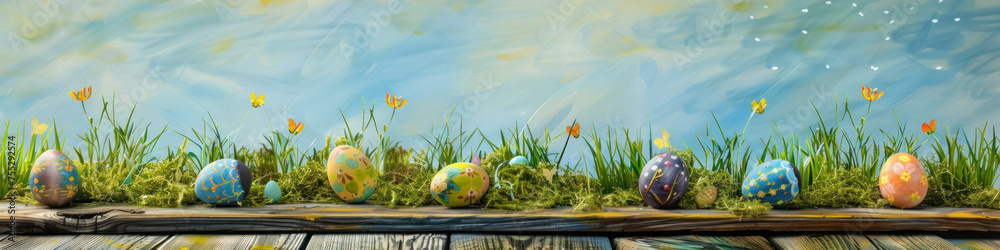 Aufkleber a wooden product display top with an easter background of painted eggs and green grass and meadows.