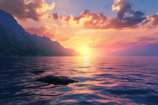 Beautiful sunset on a Black sea coast with mountains and blue sky 