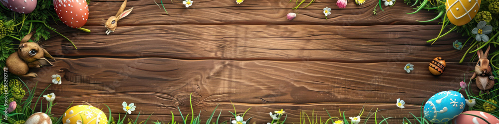 Aufkleber a wooden product display top with an easter background of painted eggs, rabbit and green grass and m