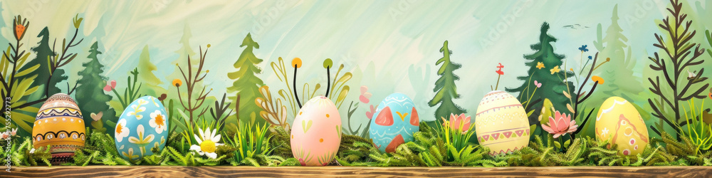 Aufkleber a wooden product display top with an easter background of painted eggs and green grass and meadows.