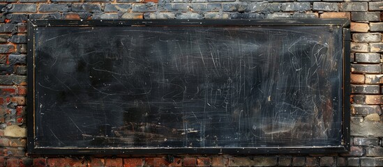 A rectangular blackboard hangs on a brick wall made of composite materials. The blackboard contrasts with the brickwork, creating an artsy pattern on the building exterior