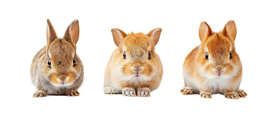 Obraz premium A charming lineup of three different colored rabbits sitting attentively, showcasing their fluffy fur and adorable ears against a clean white backdrop