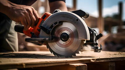 Contractors hand holding a circular saw