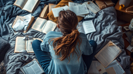 student women reads heavily on a bed full of books, To prepare for the exam. study hard. education concept. Generated-AI - obrazy, fototapety, plakaty