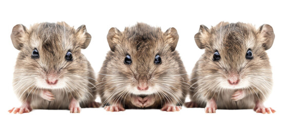 Fototapeta premium A closeup of three identical domestic mice in a row on a clean white background