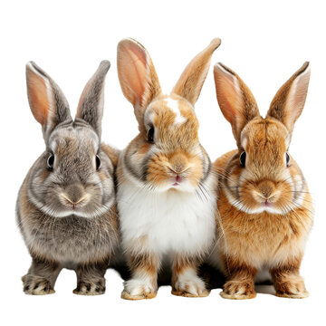 A group of three fluffy and cute rabbits with different fur colors looking forward on a white background