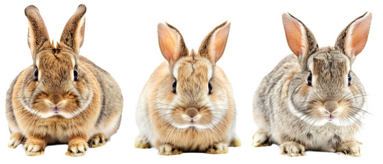 Fototapeta na wymiar Frontal views of three rabbits with different expressions and poses, set against a white backdrop