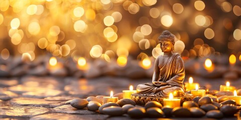 A serene Buddha statue surrounded by candles and glowing lights with a bokeh effect.