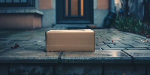 A lone cardboard box sits on damp paving stones, reflecting a recent delivery or an awaiting pickup on a drizzly day.
