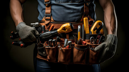Handyman adjusting the contents of a tool belt - obrazy, fototapety, plakaty