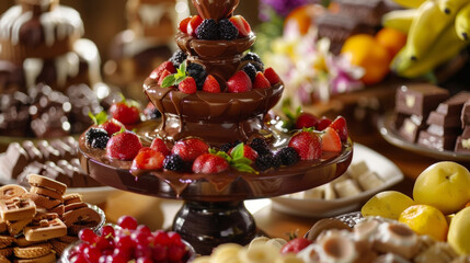 A glass fountain filled with smooth velvety chocolate surrounded by an ortment of fruits pastries and cookies for dipping.