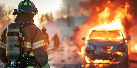 Firefighter in protective gear fighting a raging fire engulfing a car at dusk. - obrazy, fototapety, plakaty
