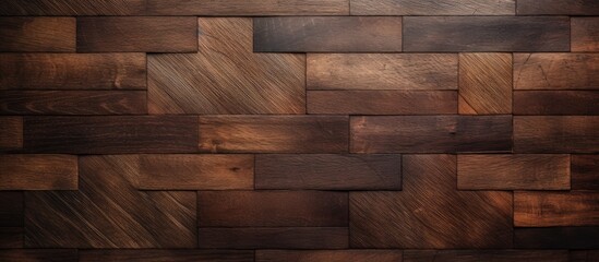 A detailed closeup of a brown hardwood wall made of rectangular wooden blocks. The intricate...