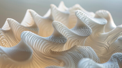 A closeup of a piece of 3D printed material its intricate layers and subtle ridges giving the illusion of movement and depth as the light hits it from different angles. - obrazy, fototapety, plakaty