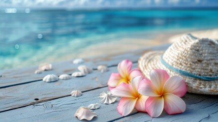 Fototapeta na wymiar A relaxing beach scene with a straw hat, frangipani flowers, and seashells on weathered wooden planks.