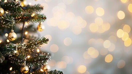 An intricately decorated Christmas tree bathed in the warm glow of soft, yellow string lights.