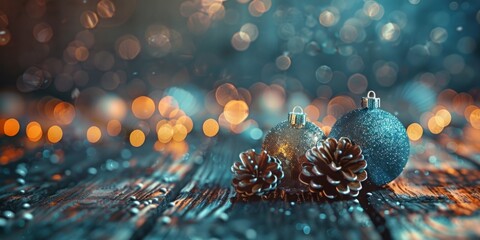 Sparkling Christmas ornaments and frosty pine cones resting on a rustic wooden surface with magical bokeh lights. - Powered by Adobe