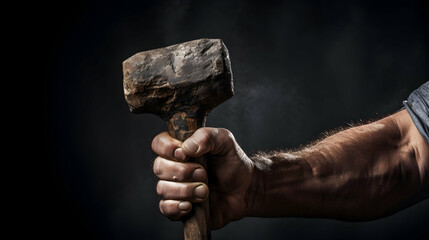Strong hand gripping a rugged hammer