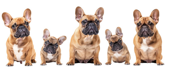 A range of French Bulldog expressions showcased in a single high-key image with a row of five Bulldogs on a white background