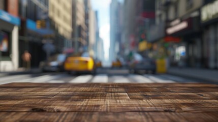 Selective focus image of a wooden table with a blurred city street and yellow taxi in the...