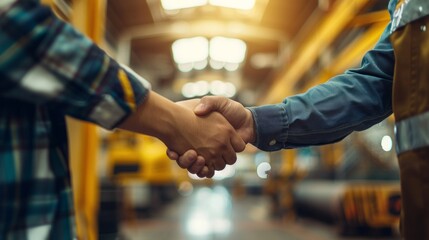 Two people engage in a firm handshake in a warehouse or industrial environment. - obrazy, fototapety, plakaty