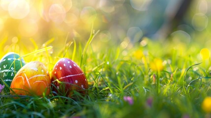 A joyful scene of a colorful Easter egg hunt with ornate eggs hidden in bright, sunlit grass. - obrazy, fototapety, plakaty