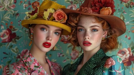 Vintage Floral Fashion Portrait of Two Women