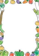 手描き水彩の可愛い野菜のフレーム_背景白_縦