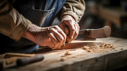 Fototapeta na wymiar Woodworkers hands guiding a spokeshave