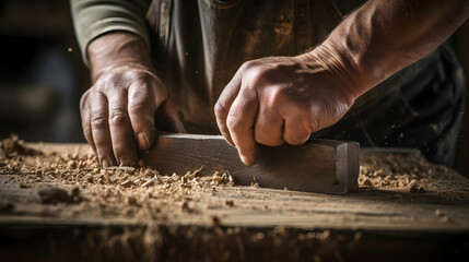 Woodworkers hands shaping with a rasp - obrazy, fototapety, plakaty