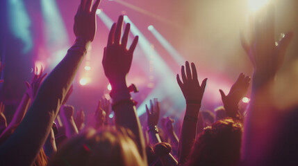 Energetic Crowd at a live concert with hands raised and colorful vibrant stage lights, music festival excitement concept - obrazy, fototapety, plakaty