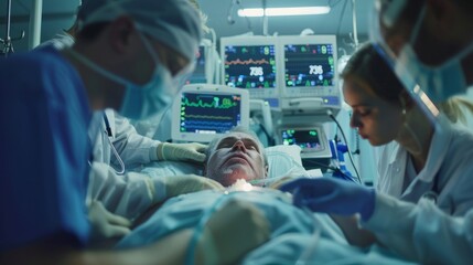 A team of doctors and nurses surround a patient in critical condition working quickly to stabilize them. The monitors beep loudly in the background.