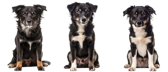 A smart-looking black dog is captured in different poses, showcasing its attentive and playful character