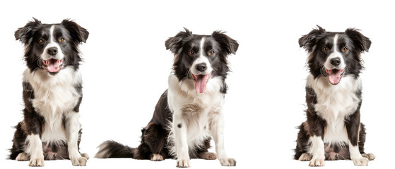 A lively Border Collie shines with intelligence and playful energy in three dynamic poses, expressing agility and alertness