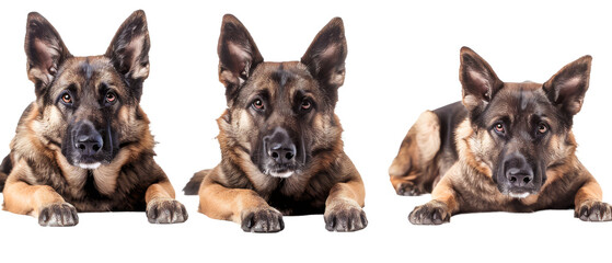 A majestic German Shepherd captured in three elegant poses demonstrating the breed's versatility and noble demeanour
