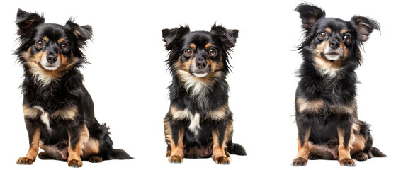 A set of three Chihuahua dogs sitting and standing in various postures on a white background, focus on diversity - obrazy, fototapety, plakaty