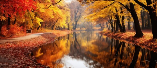 A tranquil river flowing through a park, encircled by colorful autumn trees. The serene landscape resembles a beautiful painting with water and nature