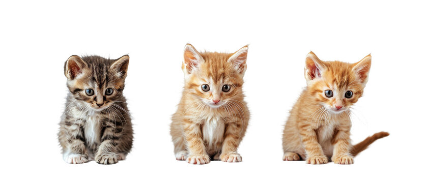Trio of adorable kittens in various poses showcasing their playful and innocent nature on a pure white backdrop
