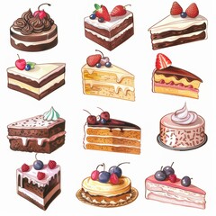 Clipart illustration with various cakes on a white background