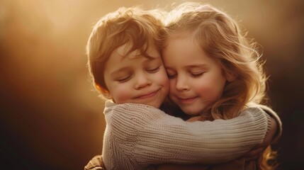 A warm embrace between siblings, affirming the lifelong connection and love they share as family - obrazy, fototapety, plakaty
