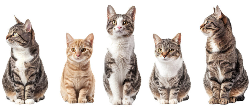 Five various breed cats in a row with faces covered on white background, representing diversity and unity among pets