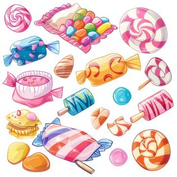 A clipart illustration with various types of candies on a white background.