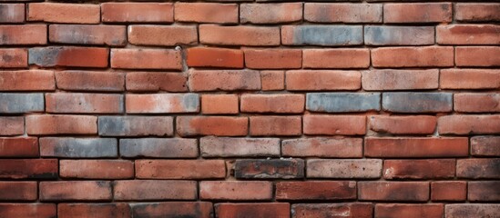 Obraz premium A detailed shot of a brown brick wall showcasing the intricate brickwork and mortar. The rectangular bricks are arranged neatly by a skilled bricklayer, creating a sturdy facade