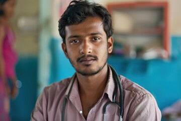 A young Hindu doctor exudes professionalism and confidence as he sits in a medical office with a stethoscope around his neck, Generative AI