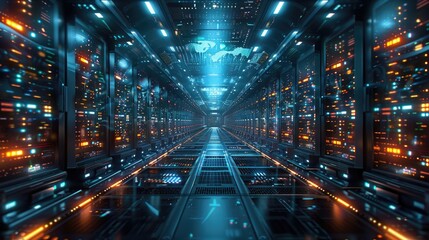 An ultra-modern data center with the most powerful server equipment. The data center. - obrazy, fototapety, plakaty
