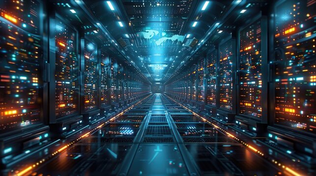 An ultra-modern data center with the most powerful server equipment. The data center. - Powered by Adobe