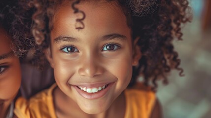 A close-up portrait of a young girl with a joyful expression, looking slightly to the left of the camera. She has large, bright eyes, a wide smile revealing her teeth, and a healthy-looking complexion - obrazy, fototapety, plakaty